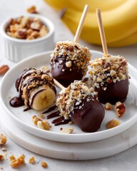Chocolate-covered banana pops with nuts and coconut on marble plate