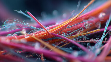 Microplastics concept ,Microplastic fibers under microscope, showcasing vibrant colors and intricate details, evoke curiosity