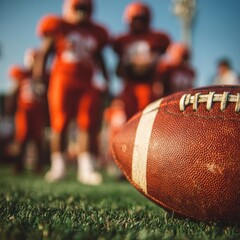 American football players in red uniforms huddle around a ball on the field