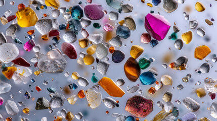 Microplastics concept ,Colorful microplastics and minerals scattered on surface, showcasing vibrant array of shapes and hues