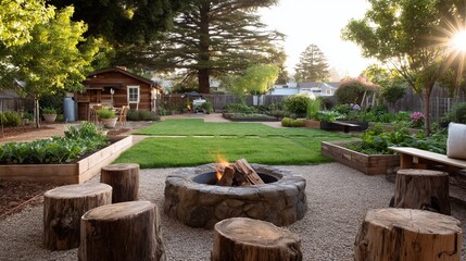 Rustic backyard with fire pit and lush garden at sunset in tranquil suburban setting