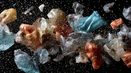 Microplastics concept ,Disintegrating plastic bags creating microplastics, showcasing environmental impact and pollution
