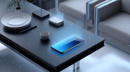 Modern smartphone on futuristic table with holographic display