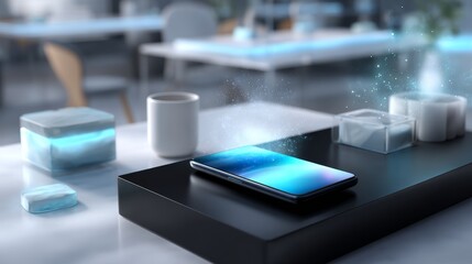 Futuristic smartphone on charging pad in modern cafe with ambient lighting