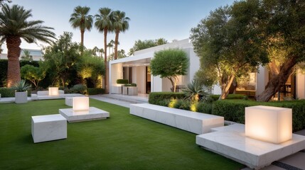 Modern luxury garden with marble benches and illuminated cubes at sunset