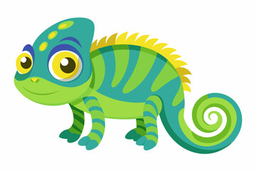 Cute cartoon lynx character with big green eyes and fluffy tail, illustrated in a vibrant and friendly style. Perfect for children's books, educational materials.