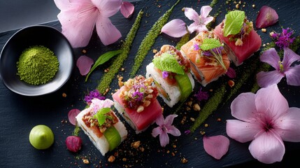 Artistic sushi rolls with pink flowers and green garnishes on dark slate