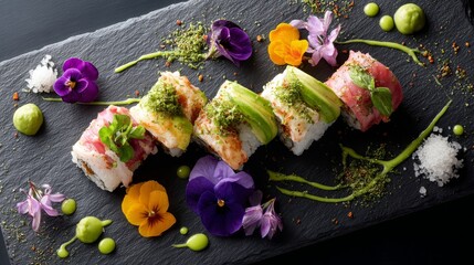 Vibrant sushi roll garnished with edible flowers and sauces on slate plate