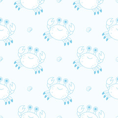 Outline Seamless Pattern with Cute Crab Sea animal on light blue Background. Vector Illustration. Line drawing. Kids collection