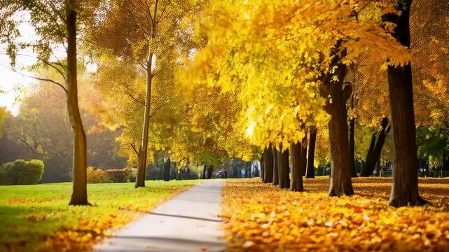 Autumn scenery of pedestrian walkway with golden leaves and sunlit trees in park, fall season landscape, peaceful nature scene.