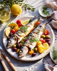 Grilled mediterranean whole fish with olives, tomatoes, and lemon garnish on platter