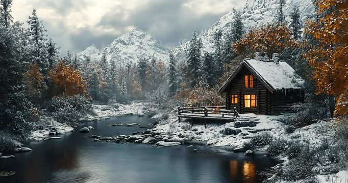 Cozy log cabin nestled by a snowy river in a mountain valley.