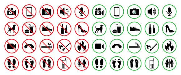 A vector icon set of prohibited and allowed activities with symbols inside red and green circles. Includes icons for camera, phone, smoking, shoes, pets, and more. Isolated on white background.