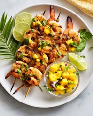 Grilled shrimp skewers with mango salsa and lime garnish on white plate