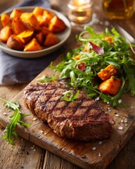 Grilled steak with arugula salad and roasted sweet potatoes on rustic wooden board