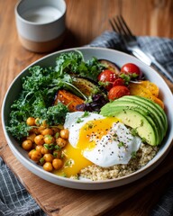 Vibrant quinoa bowl with avocado, poached egg, and vegetables
