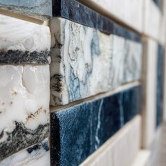 Close-up view of a wall featuring multicolored stone tiles