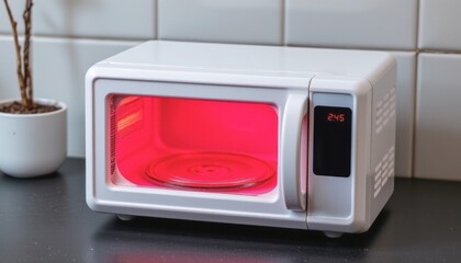 Obraz premium Modern microwave with a bright interior and digital display.