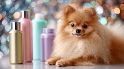 Adorable fluffy pomeranian with colorful bottles and bokeh background