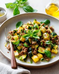 Delicious zucchini and sausage hash with fresh basil garnish on ceramic plate