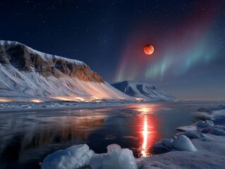 Majestic arctic landscape with lunar eclipse and aurora over icy mountains