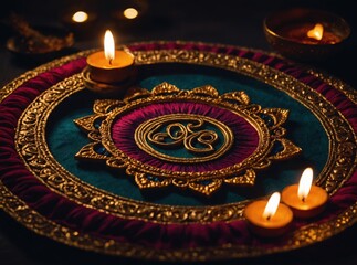 Decorated Diwali Plate with Lit Diya Candles for Festive Celebration