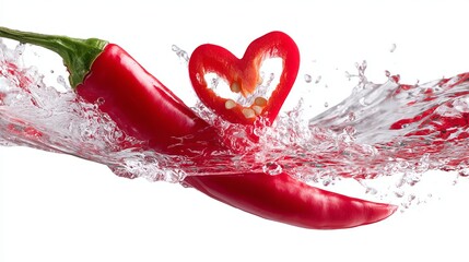 Red chili pepper with heart cutout splashing in water on white background