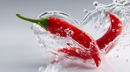 Fresh red chili peppers splashing in clear water