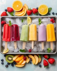 Colorful assorted fruit popsicles on ice with fresh fruits on a tray