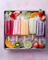 Assorted fruit popsicles with citrus and berries on ice
