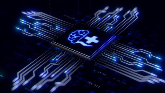 Loopable Futuristic Microchip with Brain Engraving Glowing Blue Circuit Connections &ndash; 30 Second Healthcare and Science