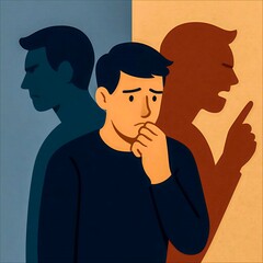 A young man stands surrounded by mirrors reflecting different emotions, representing internal conflict and self-perception. Flat, conceptual style.