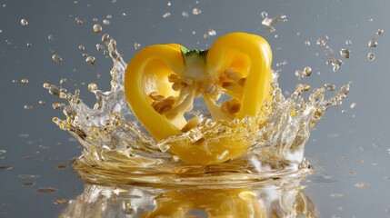 Yellow bell pepper splashing in water with reflective background
