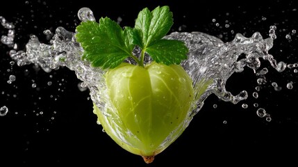 Fresh green gooseberry splashing in water against black background