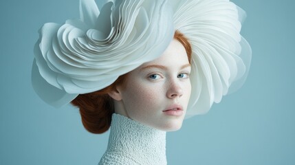 Female model with an intricate, avant-garde hairstyle resembling flower petals, her expression calm and confident as she looks at the camera on a plain blue background.