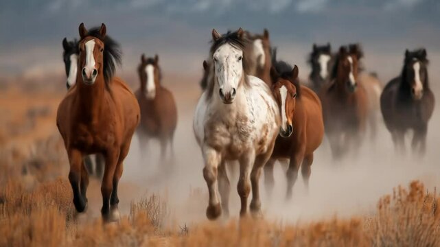 Wild Horses Galloping with Desert Plains.