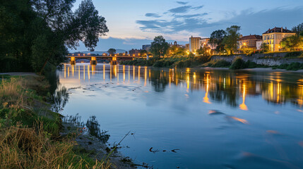 Twilight serenity by the urban river, where water mirrors the fading day