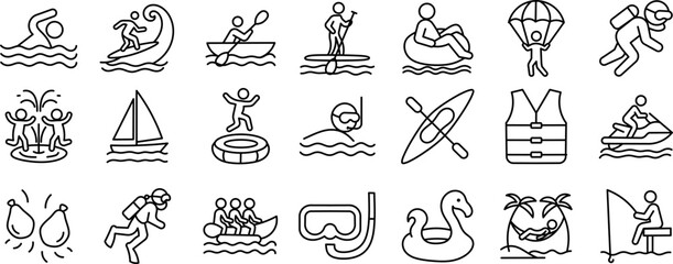 Water Activities Stroke Icon Collection. Including Swimming, Rafting, Snorkeling, Diving, and More. Editable Outline Icon Set.