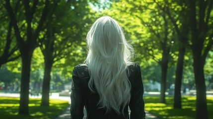 Woman with flowing white hair standing in the middle of a park path, framed by towering trees and dappled sunlight shining through the branches.