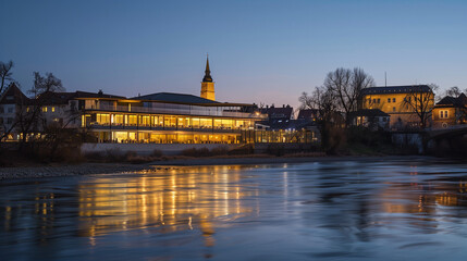 Naklejka premium Twilight serenity by the urban river, where water mirrors the fading day
