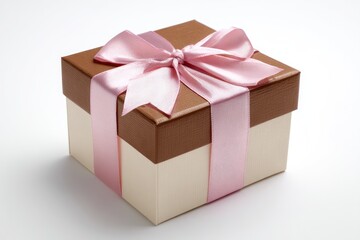 Obraz premium Square gift box, light beige and brown, tied with a pink ribbon