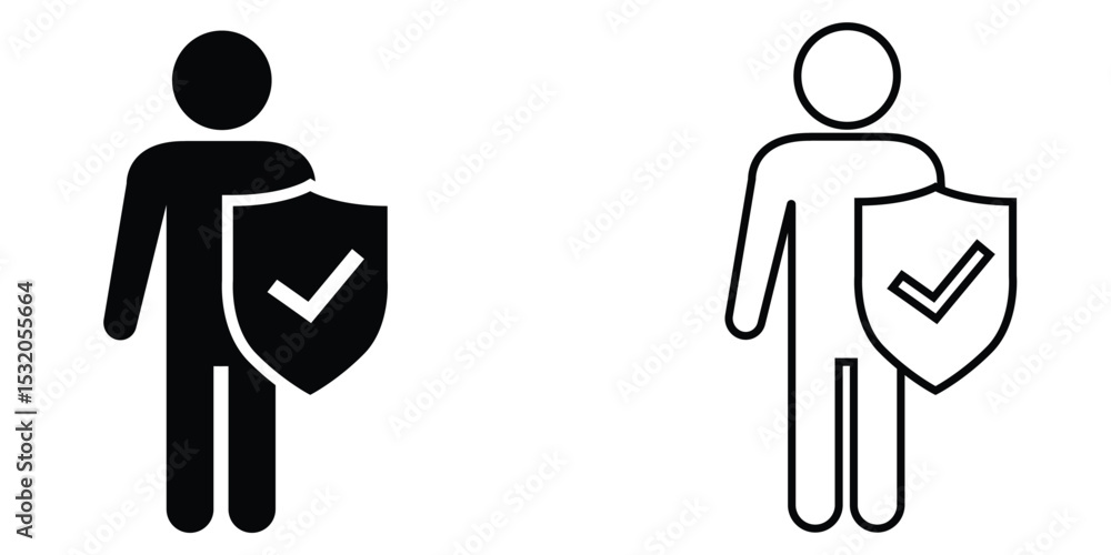 Poster icon representing security and protection with a shield and check mark in black and white style