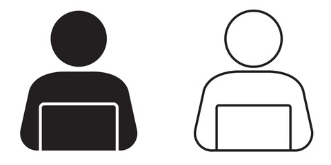 Icon design representing a person using a laptop in two contrasting styles, showcasing digital connectivity and modern communication
