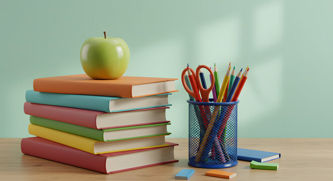 Stack of Colorful Books with Green Apple on Top and School Supplies in Blue Mesh Container in Bright Classroom