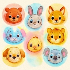 Fototapeta premium Adorable Watercolor set of Animals Portraits image & Animals Portrait Set Stock Illustrations Cute Baby Animal Faces Adorable Watercolor Illustrations for Kids Nursery Art Gentle & Sweet.