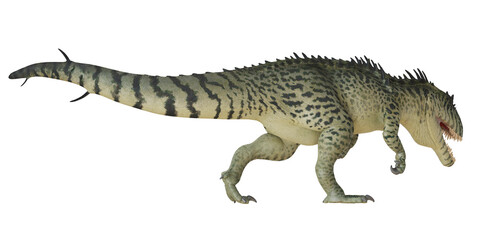 Realistic rendering of a dinosaur in motion.