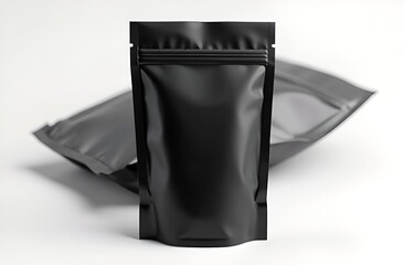 Blank craft plastic pouch, black packages big and small on white background, mylar bags isolated for coffee or food, cosmetic products, snack, candy. Different sizes, mock up. white background.