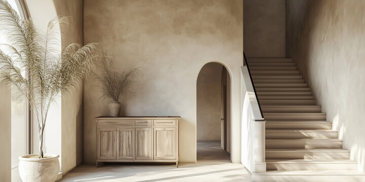 Holzschrank neben venezianischer Stuckwand mit gew&ouml;lbtem Eingang. Mediterranes Innendesign einer modernen Eingangshalle mit Treppe. 