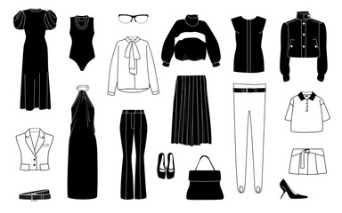 Vector set of women's fashion clothing and accessories in black and white. Stylish modern wardrobe elements collection.