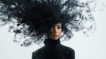 A female model with an avant-garde hairstyle, featuring exaggerated volume and asymmetrical shapes, gazes directly into the camera against a minimalist white background.